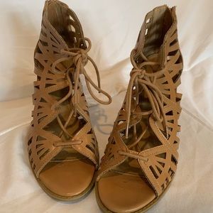 REPORT tan laser cut lace up sandal heels